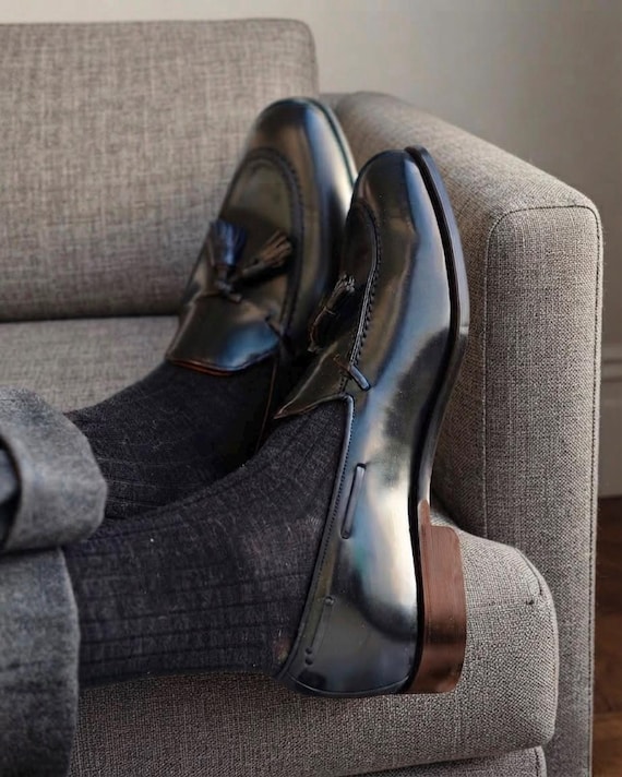 Men's Handmade Leather Tassel Loafers, Dark Brown Formal Shoes
