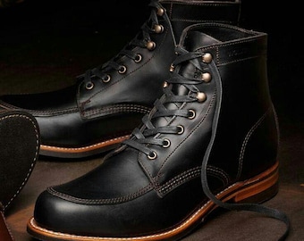 Men’s handmade black leather ankle high boots, men’s formal classic laced up boots