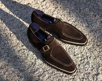 New men’s fashion handmade Brown suede single monk strap shoes, men’s classic formal shoes