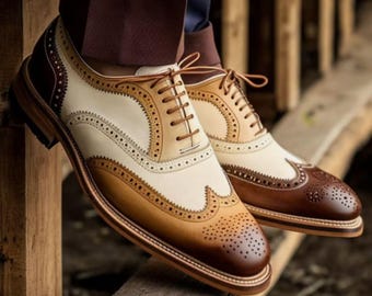 Zapatos brogue de cuero marrón y beige hechos a mano para hombre, zapatos de vestir con punta de ala para hombre