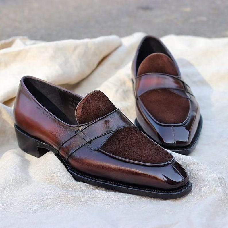 Men’s handmade two tone brown suede and leather loafers with classic design