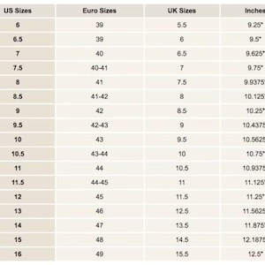 May include: A shoe size conversion chart with columns for US, Euro, and UK sizes, along with corresponding measurements in inches. Sizes range from US 6 (9.25 inches) to US 16 (12.5 inches), with Euro and UK equivalents.
