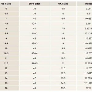 K&ouml;nnte beinhalten: Eine Schuhgr&ouml;&szlig;entabelle mit US-, Euro- und UK-Gr&ouml;&szlig;en sowie entsprechenden Ma&szlig;en in Zoll. Die Gr&ouml;&szlig;en reichen von US 6 (23,5 cm) bis US 16 (31,8 cm), mit Euro-Gr&ouml;&szlig;en von 39 bis 49.