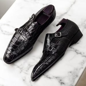 Men's handmade textured leather double monk shoes image 1