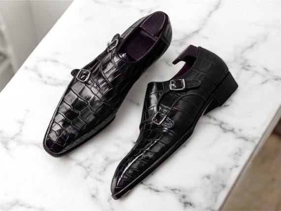 Men's handmade textured leather double monk shoes