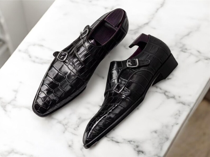 Men's handmade textured leather double monk shoes image 1