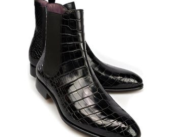 Men's handmade black texture Chelsea boot