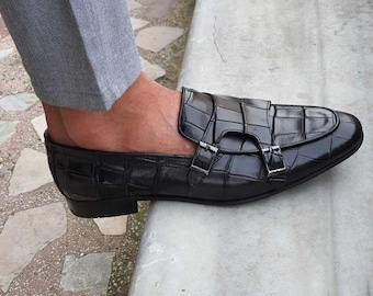 New men’s handmade black leather double monk loafer shoes, men’s classic shoes, men’s formal party wear shoes