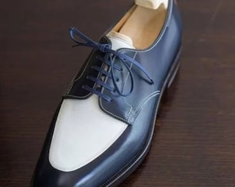Men’s handmade white and blue leather Oxford shoes ,men’s formal shoes,men’s business wear shoes,men’s dress up wingtip formal shoes