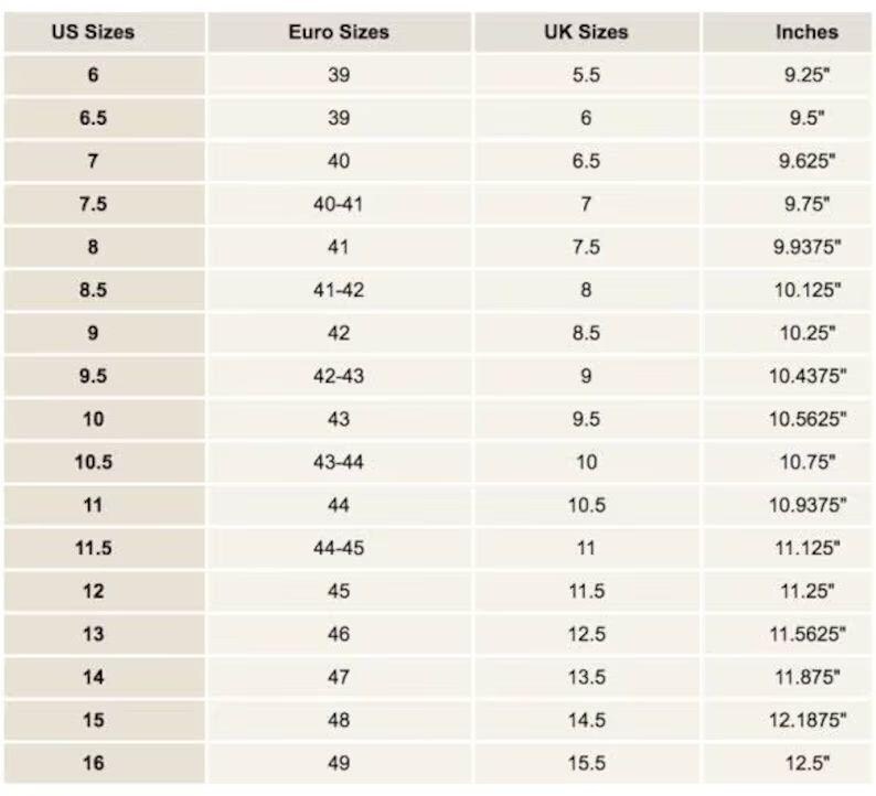 May include: A shoe size conversion chart with columns for US, Euro, and UK sizes, along with corresponding measurements in inches. Sizes range from US 6 (9.25 inches) to US 16 (12.5 inches), with Euro sizes from 39 to 49.