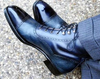 Bespoke men's handmade blue leather ankle high boots