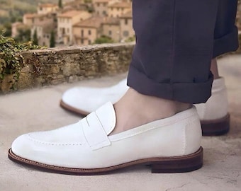 Mocassins penny en cuir blanc pour hommes : chaussures habillées à enfiler, fabriquées à la main, pour les occasions formelles