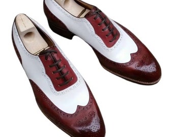 Men's handmade men spectator shoes Men's two tone White and burgundy leather Oxford shoes