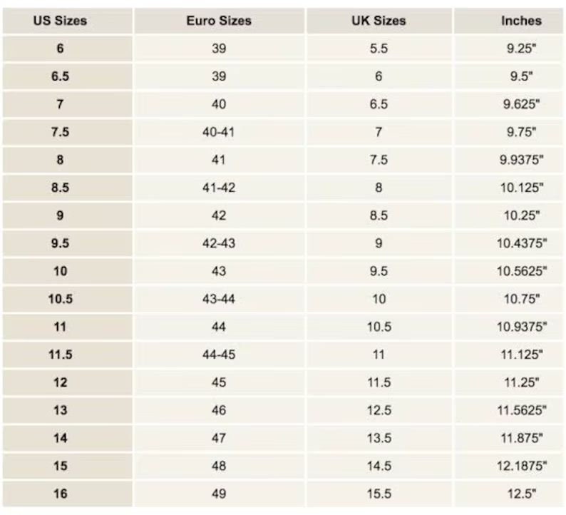 May include: A chart showing shoe size conversions for men's shoes in US, UK, Euro, and inches. The chart shows sizes from 6 to 16 in US sizes, 39 to 49 in Euro sizes, 5.5 to 15.5 in UK sizes, and 9.25 to 12.5 inches.