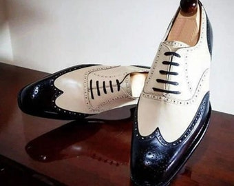 Handgefertigter zweifarbiger Oxford-Schuh aus schwarzem und cremefarbenem Leder, formeller Schuh zum Schnüren von Herren