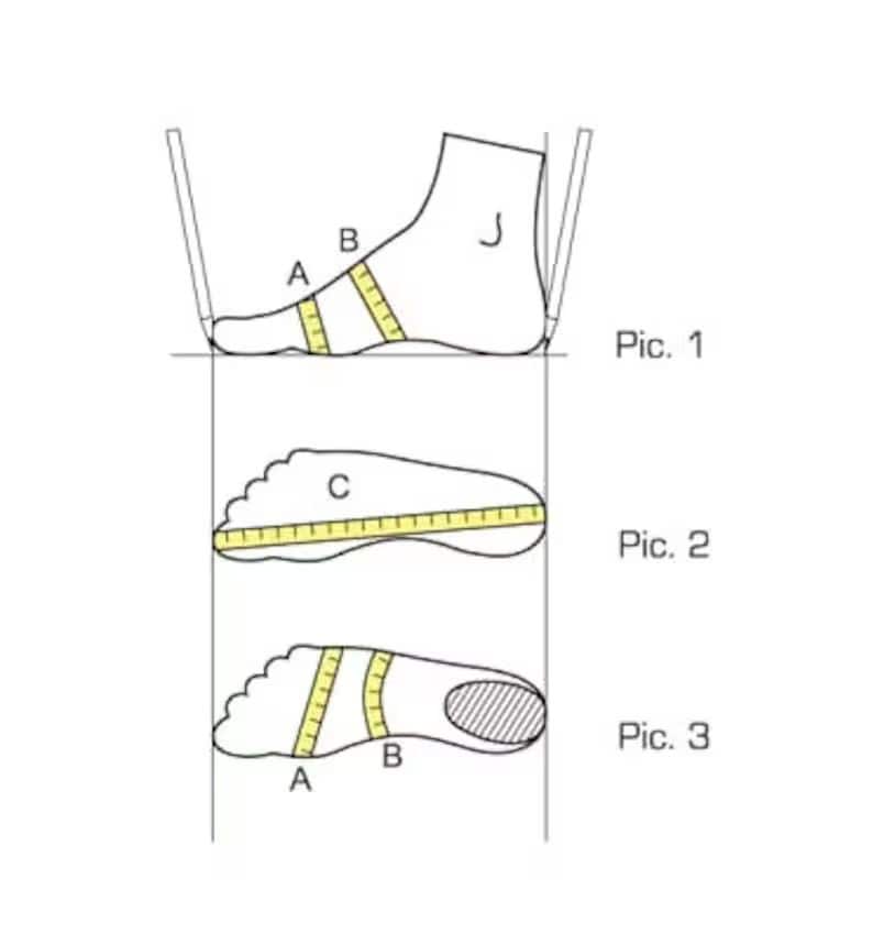 Puede incluir: Diagrama que muestra c&oacute;mo medir un pie para el tama&ntilde;o del zapato. El diagrama muestra tres medidas diferentes etiquetadas como A, B y C. La imagen 1 muestra el pie con el tal&oacute;n en el suelo y los dedos apuntando hacia arriba. La imagen 2 muestra el pie con el tal&oacute;n en el suelo y los dedos apuntando hacia adelante. La imagen 3 muestra el pie con el tal&oacute;n en el suelo y los dedos apuntando hacia arriba.