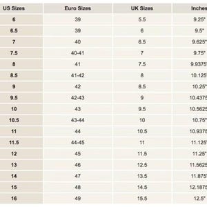 May include: A chart showing shoe size conversions for men's shoes in US, UK, Euro, and inches. The chart shows sizes from 6 to 16 in US sizes, 39 to 49 in Euro sizes, 5.5 to 15.5 in UK sizes, and 9.25 to 12.5 inches.