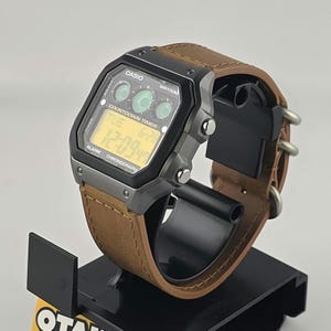 Casio AE-1300 Modified. Color Filtered LCD Watch on Brown Leather Strap