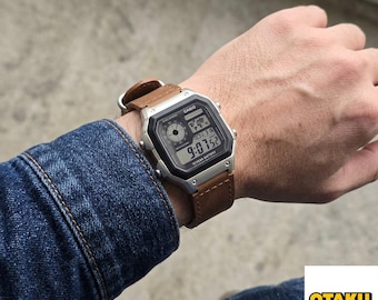 Casio AE-1200 Modified Watch -  Brown Leather Strap (variations: wrist bands)