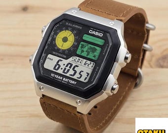 Casio AE-1200 Modified Watch - Color Filtered LCD - Brown Leather Strap