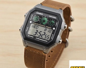 Casio AE-1300 Modified Watch - Color Filtered LCD - Brown Leather Strap