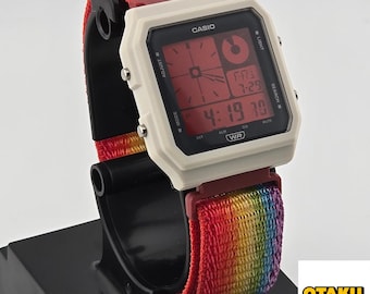 Sale!!! Casio LF20W-8A Modified | POP Rainbow | With Red Tint | Rainbow Nylon Loop Strap | Retro Style Watch Gift