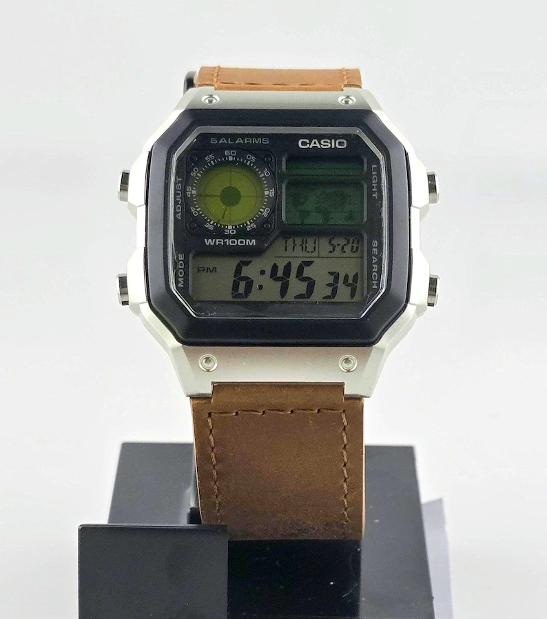 Casio AE-1200 Modified. Color Filtered LCD Watch on Brown Leather Strap ...