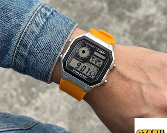 Casio AE-1200 Modified Watch -  Orange Sports Silicon Strap (variations: wrist bands)