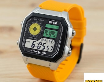 Casio AE-1200 Modified Watch - Color Filtered LCD - Orange Sports Silicon Strap