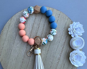 Spring flowers beaded wristlet keychain with tassel