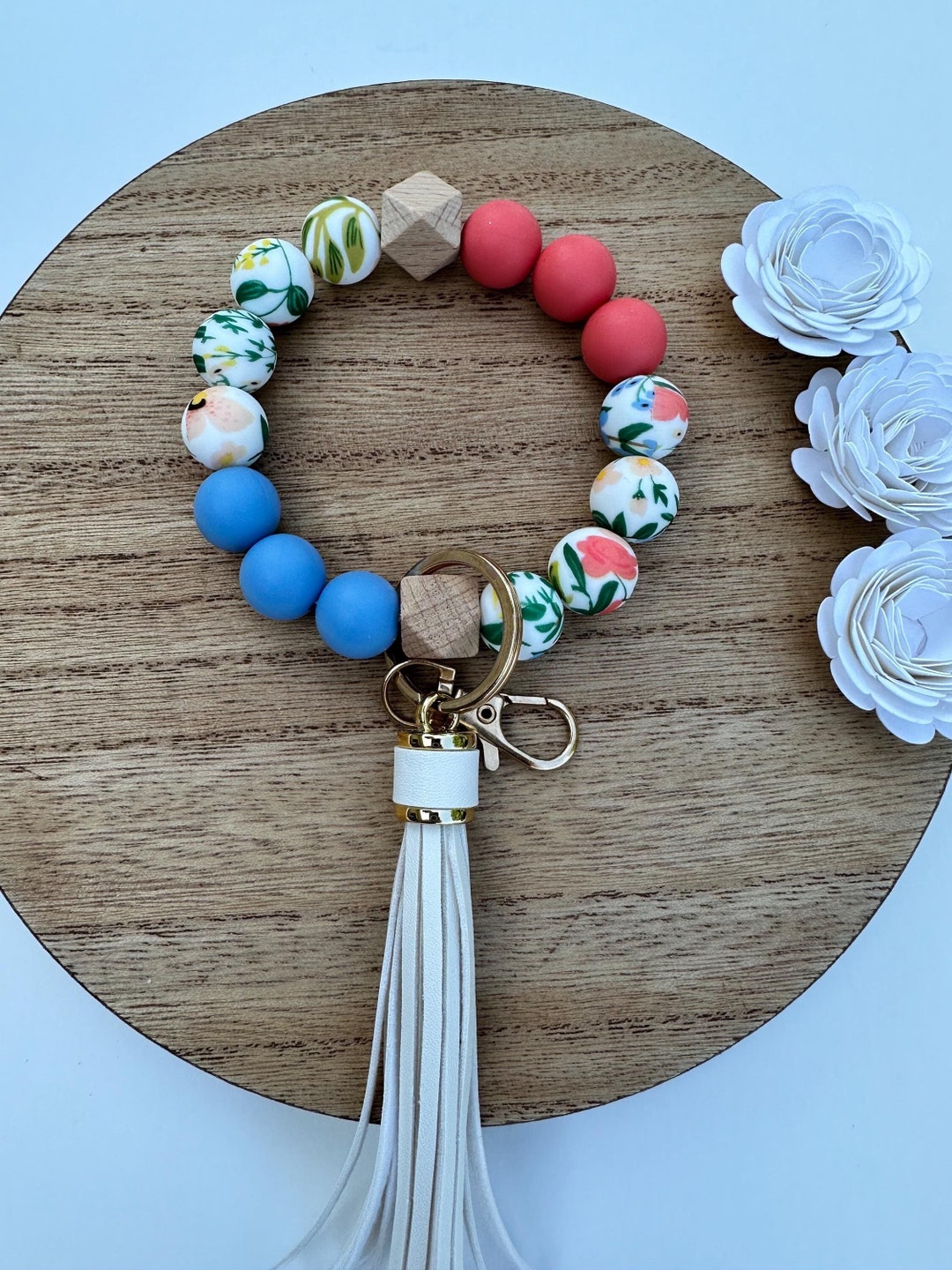 Spring Season Key Chain Spring Flowers Beaded Wristlet Keychain With Tassel - Etsy