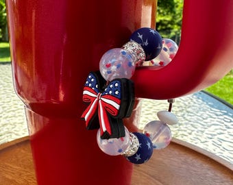 Fourth of July Cup Charm, Patriotic Tumbler Handle Charm, Cup Charm with a Bow, Red White and Blue Cup Charm, Stanley accessories