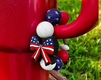 Patriotic Cup Charm with Red White Blue Bow, Tumbler Accessory