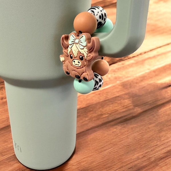 Highland Cow-bekerbedel, mintgroen accessoire voor bekerhouder met strik