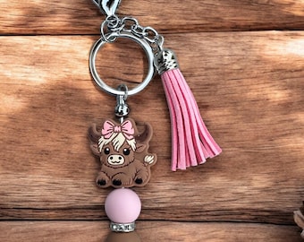 Highland cow keychain, zipper pull, bag tag