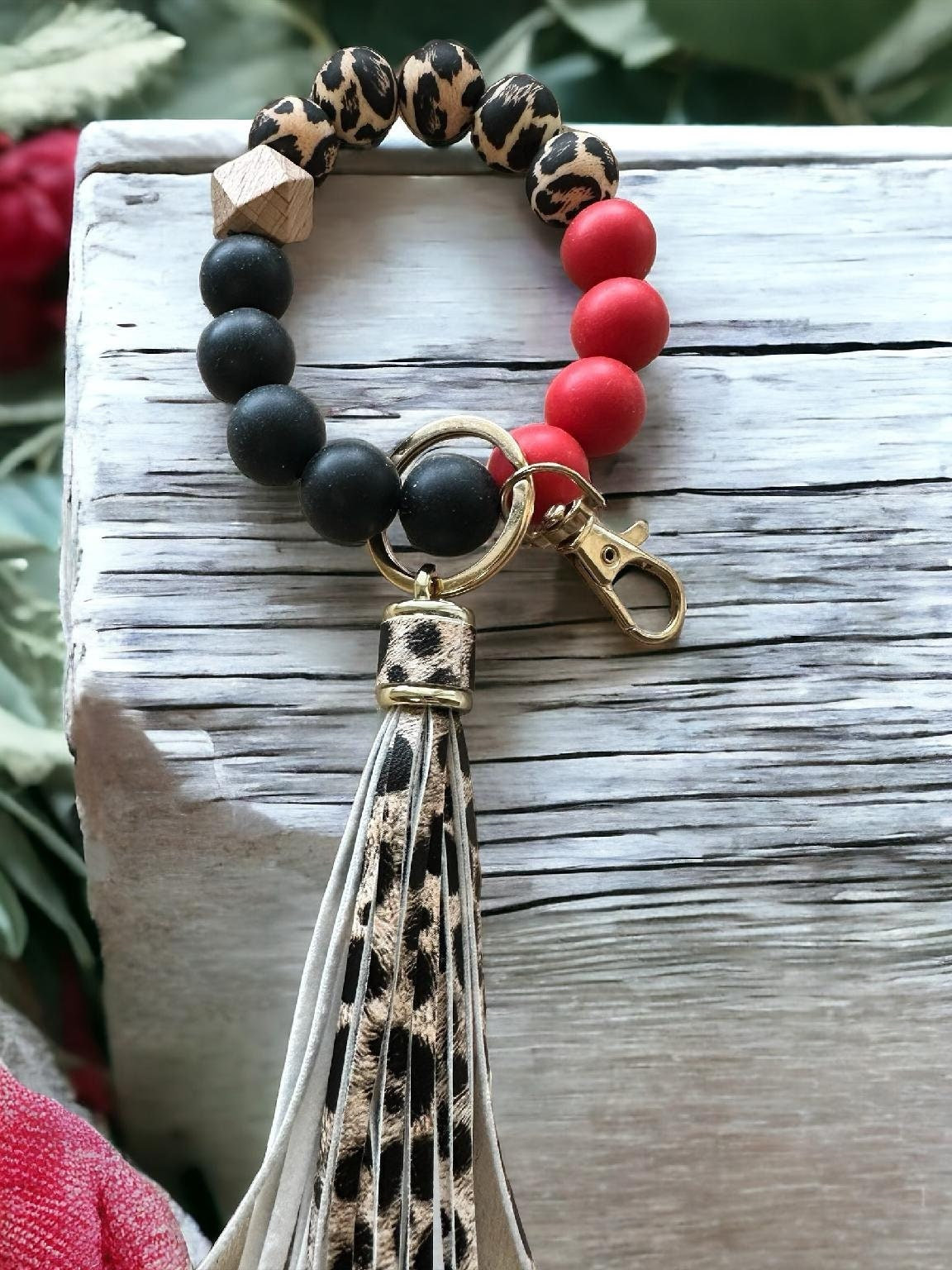 Cheetah beaded wristlet keychain with tassel
