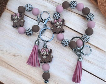 Cute cow accessories - Pink & brown Highland cow beaded wristlet, cow keychain, and cow cup charm