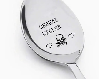 May include: A silver spoon with the text "CEREAL KILLER" and a skull and crossbones design.