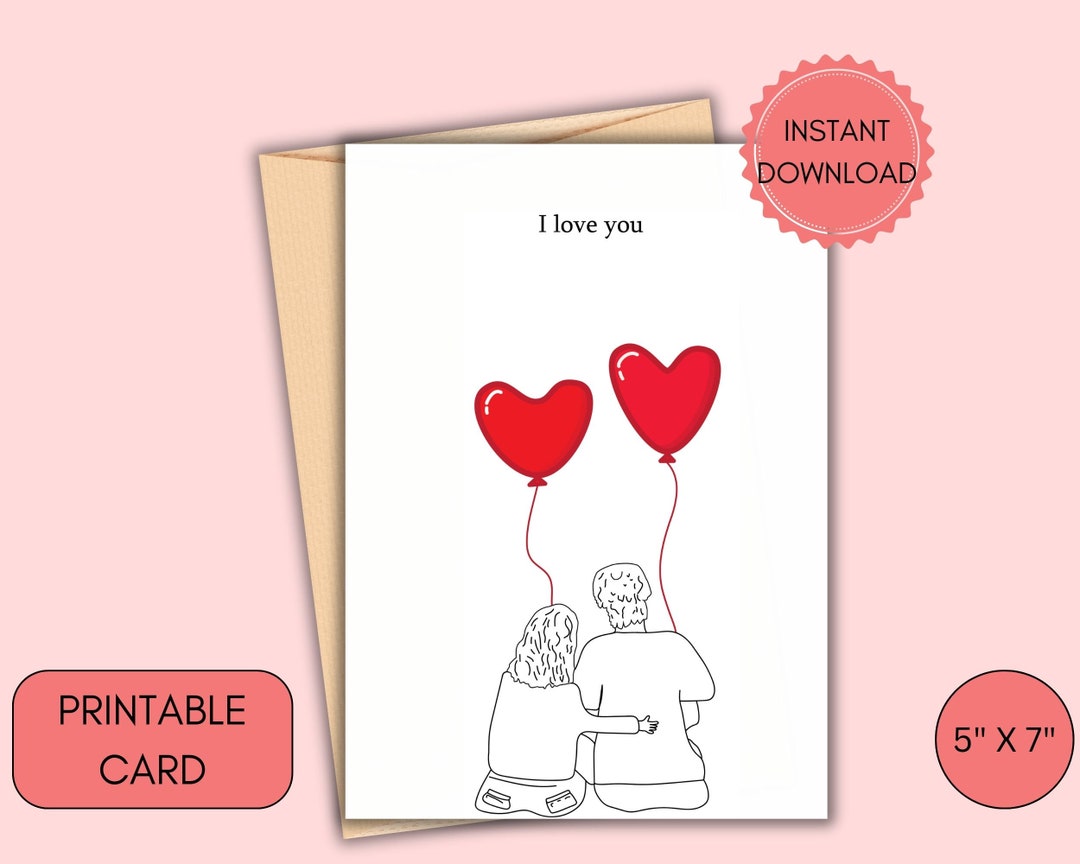 I Love You Card, Anniversary, Printable Couple's Heart Balloon ...