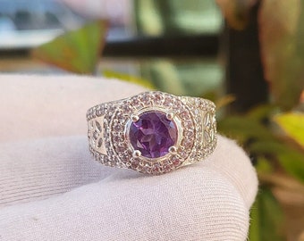 Anillo genuino de amatista natural, anillo ovalado en plata de ley, anillo de amatista morada, anillo de piedra de febrero, anillo vintage para mujer