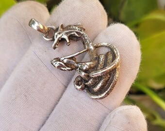 Vintage Sterling Silver Distress, Dragon Damsel & Serpent Pendant in 925 Sterling Silver Antique Pendant Christmas and Birthday Gifts