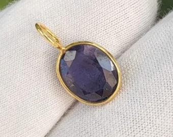 Natürlicher Iolith Oval Anhänger in 18k solidem Gelbgold Zierlicher Anhänger für Frauen Minimalist kleiner Anhänger September Geburtsstein