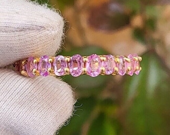 Natural Pink Sapphire Gemstone Ring In 18k Solid Gold Ring For Women Oval Shape Ring Eternity Ring Eternity Band wedding band ring