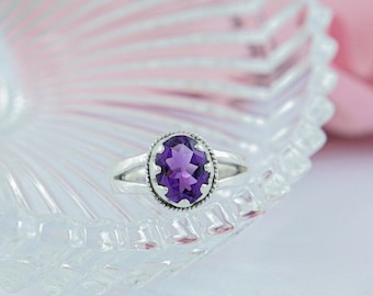 Natural Amethyst Ring-Handmade Silver Ring-925 Sterling Silver Solitaire Gemstone Ring, February Birthstone Ring Anniversary Gifts For Her