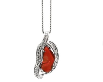 Mexican Fire Opal Necklace, In 18k Solid Gold Necklace Diamond Necklace Fire Opal Pendant Necklace Birthstone Necklace, Women Necklace Gifts