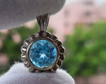 Faceted Blue Topaz Pendant, 925 Sterling Silver Pendant, Sky Blue Topaz Pendant, Round Gemstone Pendant, Statement Pendant, Handmade Jewelry