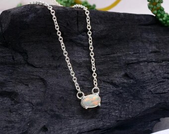 Natural Ethiopian Fire Opal Pendant Necklace Oval Shape Opal in 18k Solid Gold Chain Necklace Minimalist Necklace Dainty Birthstone Necklace