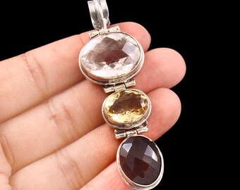 Citrin Anhänger: Natürlicher Kristall Rauchquarz Edelstein in 925 Sterling Silber, handgemachter ovaler Anhänger mit drei Steinen