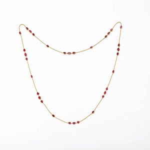 Puede incluir: Un collar largo de cadena dorada con pequeños acentos de piedras preciosas rojas.