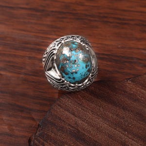 Natural Pyrite Turquoise Ring in Sterling Silver | Oval Statement Gemstone Ring | Handmade Artisan Silver Jewelry